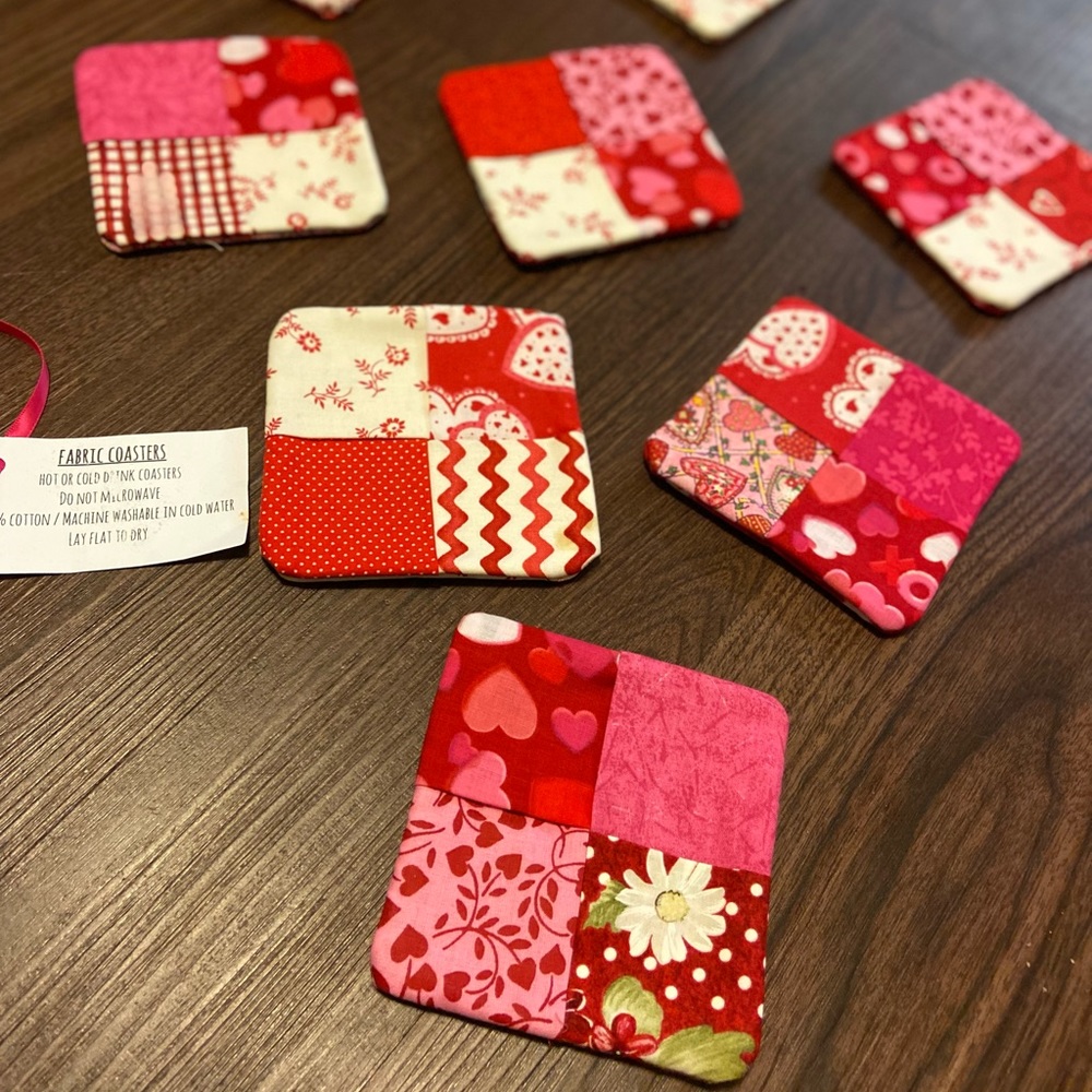 8 homemade fabric coasters used for hot or cold beverages